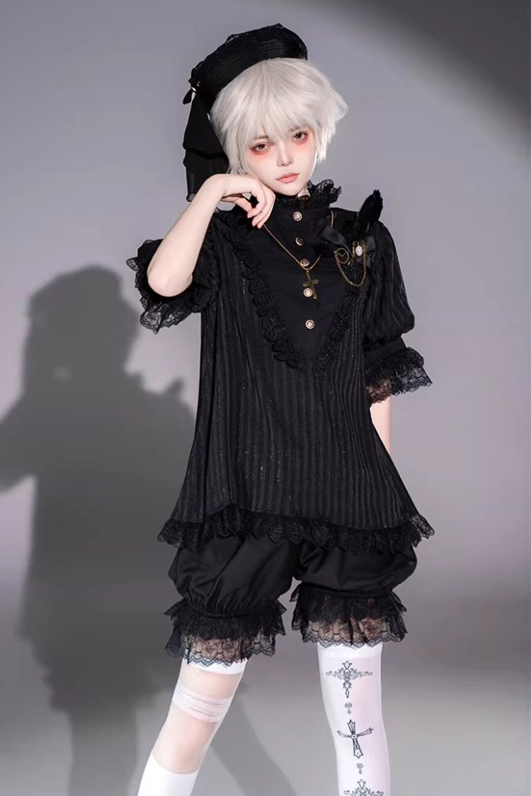 Black Stand Collar Long Short Sleeves Printed Ruffled Lace Gothic Ouji Lolita Set 2 Versions