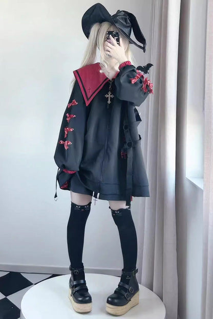 Sailor Collar Long Sleeves Cross Print Bowknot Sweet Jirai Kei Coat 3 Colors