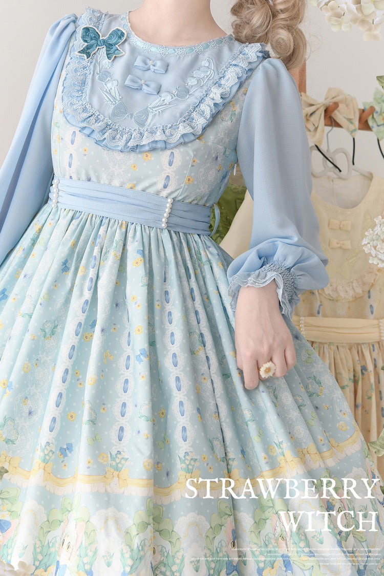 Blue [Lily of the Valley Cat] Print Ruffle Embroidery Bowknot Sweet Lolita Dress