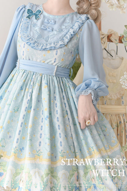 Blue [Lily of the Valley Cat] Print Ruffle Embroidery Bowknot Sweet Lolita Dress