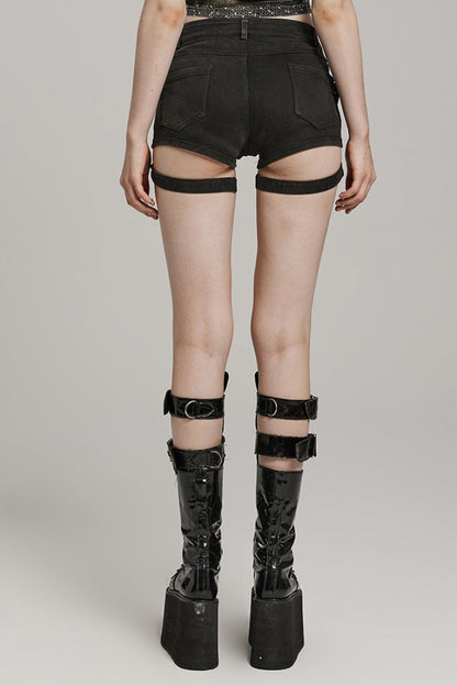 Black Slim Symmetrical Front Button Women's Steampunk Shorts