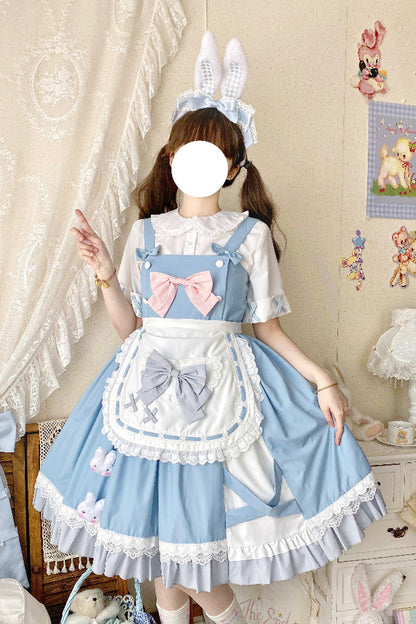 Blue [Picnic Rabbit] Ruffle Bowknot Lace Daily Sweet Lolita Jsk Dress Set