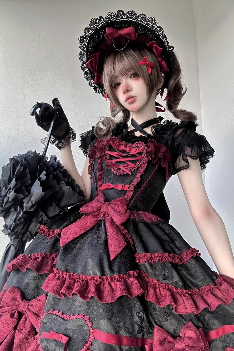 Black/Red [Super Cute Belia] Sleeveless Triple-Layered Ruffle Bowknot Lace Gothic Elegant Lolita Jsk Dress