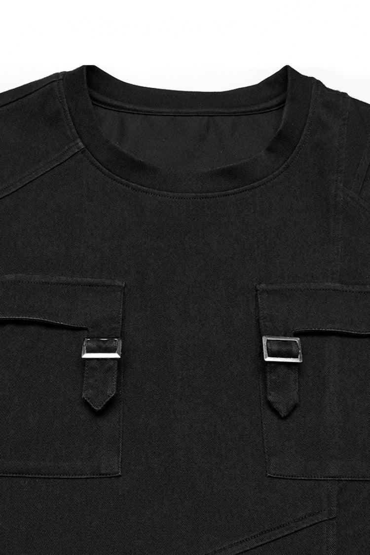 Black Round Collar Short Sleeves Pocket Denim Men's Punk T-Shirt