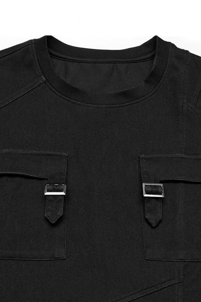 Black Round Collar Short Sleeves Pocket Denim Men's Punk T-Shirt
