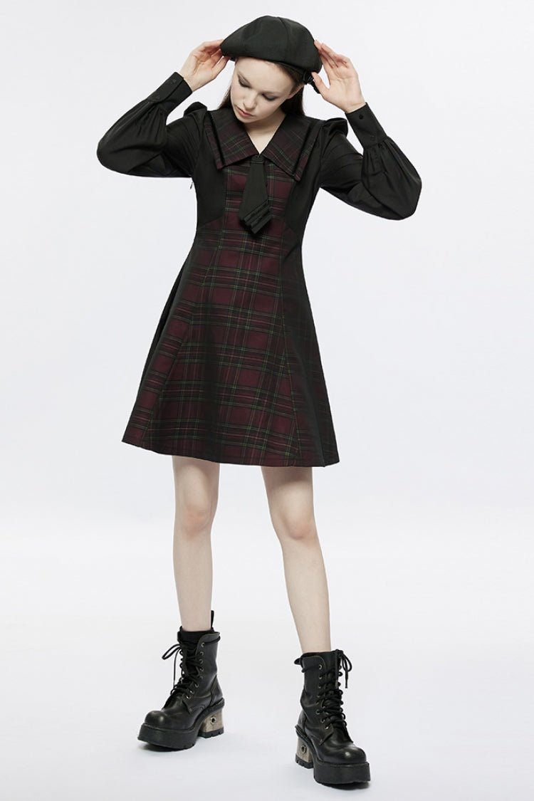 Black/Red Long Lantern Sleeves Plaid Print Detachable Lace-Up Women's Punk College Style Dress