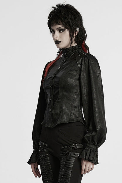 Black Stand Collar Long Puff Sleeves Faux Leather Stitching Women's Gothic Blouse