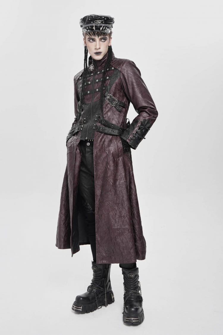 Red Stand Collar Zipper Straps Eyelet Men's Punk Coat