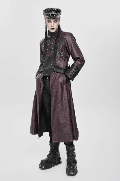 Red Stand Collar Zipper Straps Eyelet Men's Punk Coat