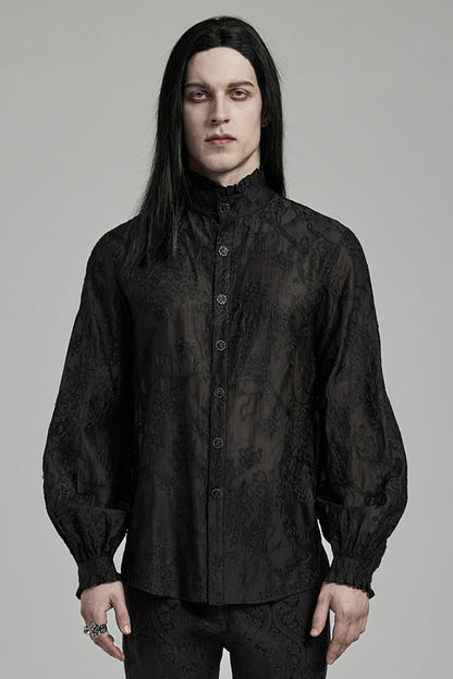 Black Stand Collar Jacquard Embroidery Men's Gothic Blouse