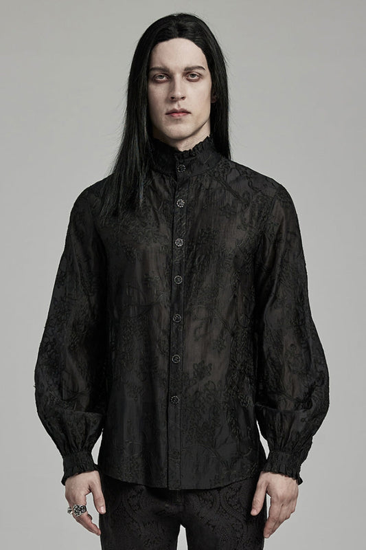 Black Stand Collar Jacquard Embroidery Men's Gothic Blouse