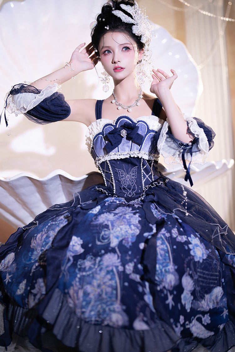 Blue [Deep Sea Jellyfish] Print Ruffle Lace Sweet Elegant Lolita Jsk Dress