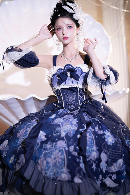 Blue [Deep Sea Jellyfish] Print Ruffle Lace Sweet Elegant Lolita Jsk Dress