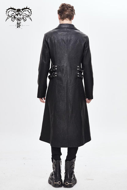 Black Stand Up Collar Waist Leather Hasp Leather Long Men's Punk Coat