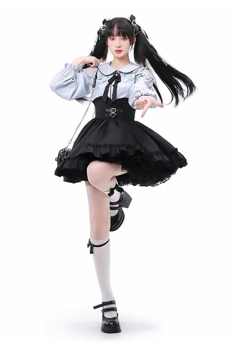 Black/Blue Off Shoulder Long Sleeves Ruffle Bowknot Sweet Jirai Kei Japanese Set