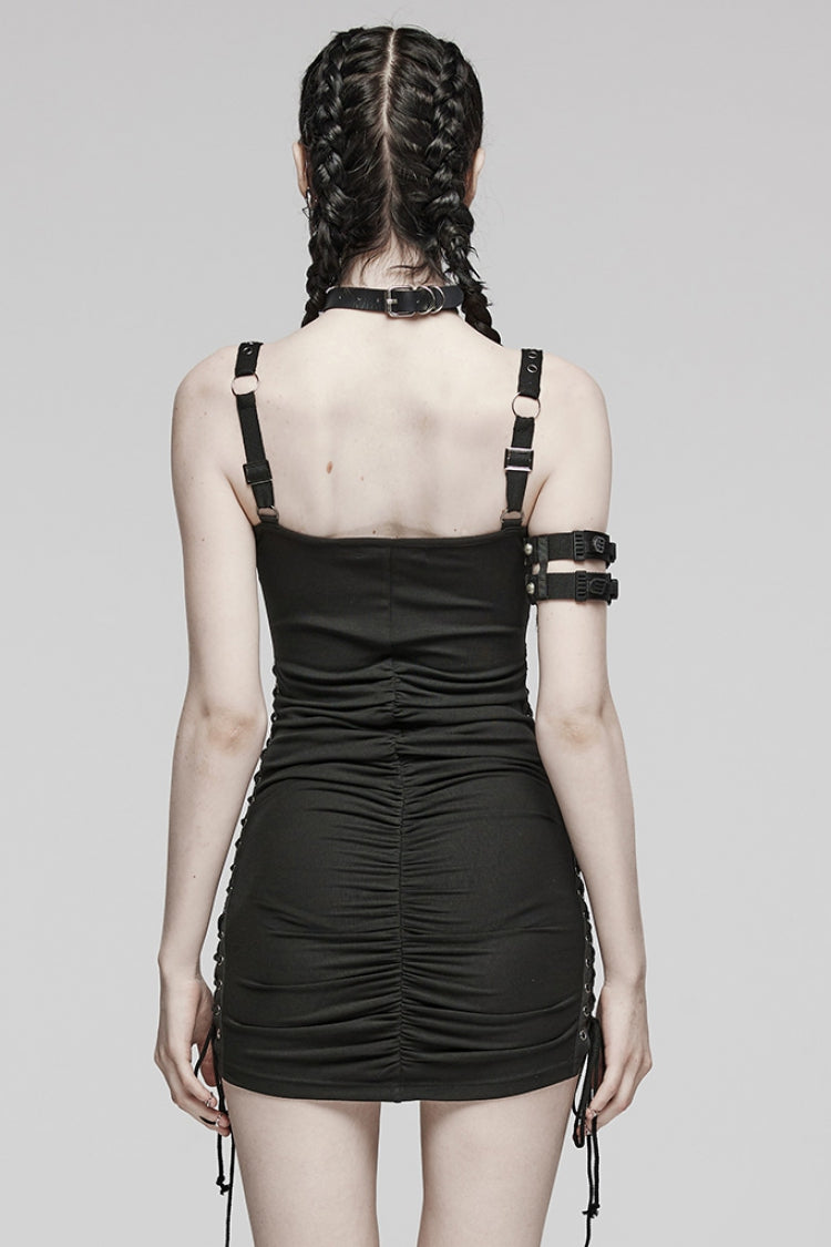 Black Sleeveless Buckle Lace-Up Women's Steampunk Dress