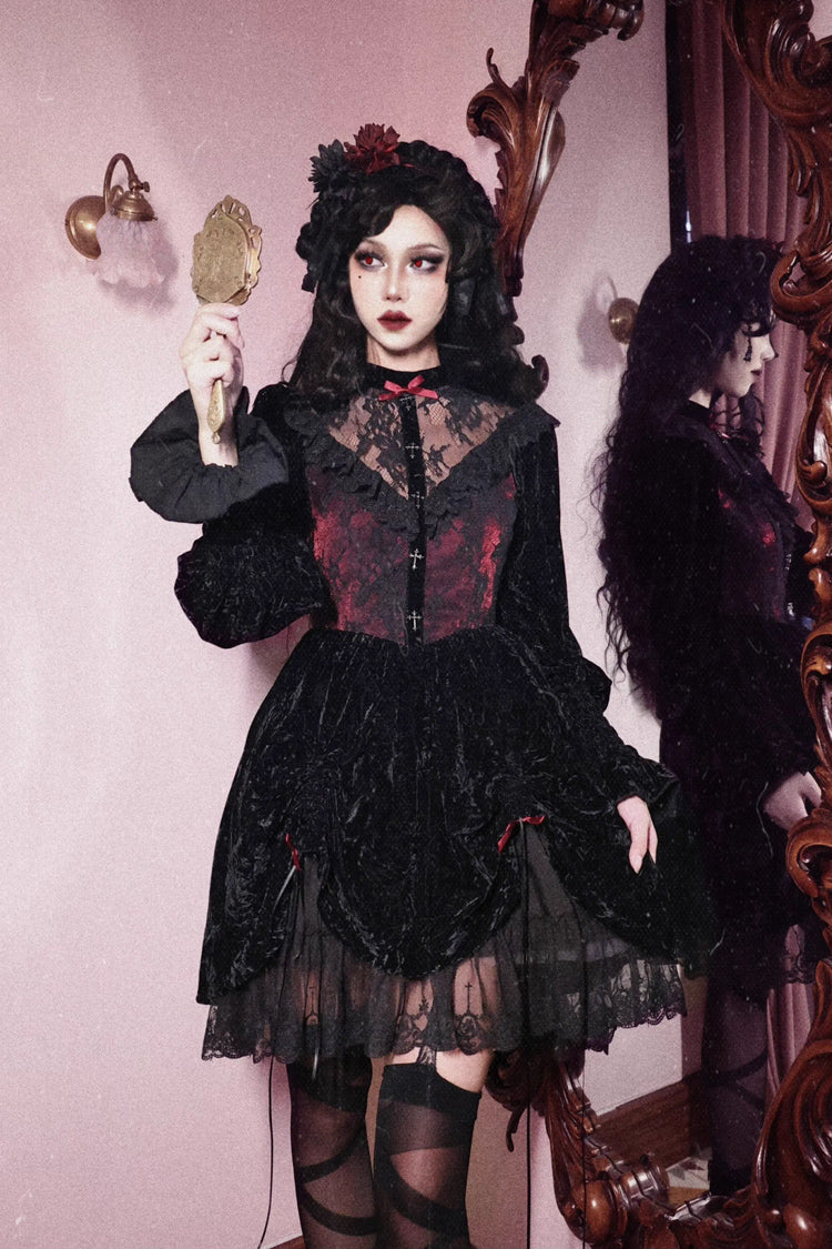 Black/Red [Rose Cemetery] Long Puff Sleeves Hollow Lace Gothic Lolita Dress