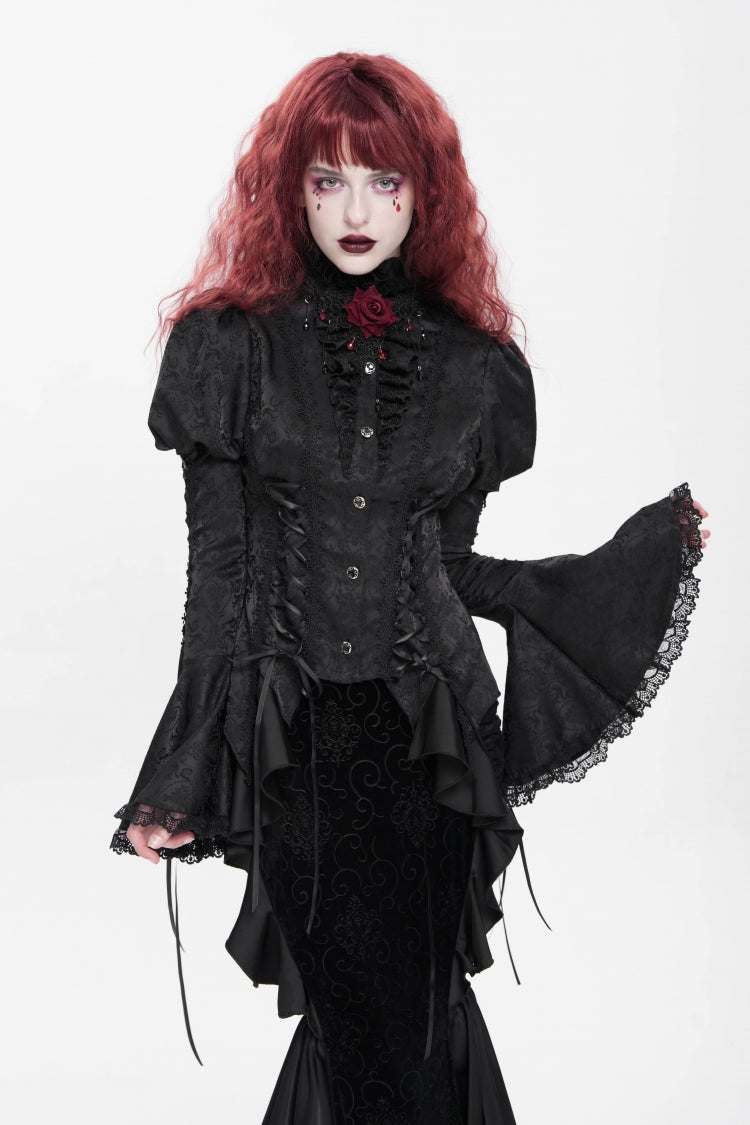 Black Stand Collar Long Puff Sleeves Floral Jacquard Lace-Up Women's Gothic Blouse