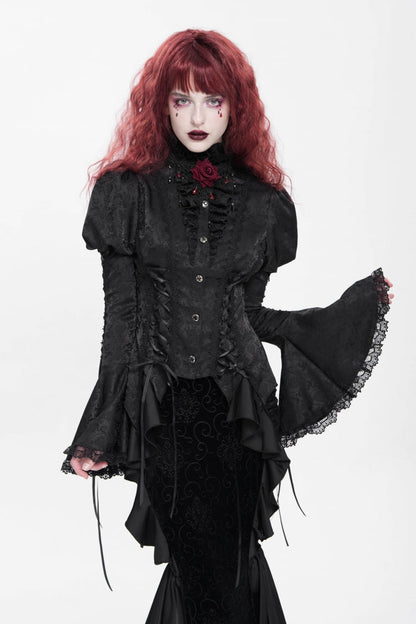 Black Stand Collar Long Puff Sleeves Floral Jacquard Lace-Up Women's Gothic Blouse