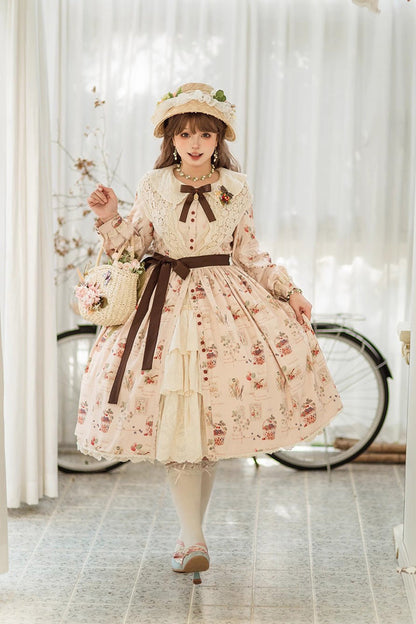 Forest Illustrated Book Long Lantern Sleeves Print Ruffle Sweet Lolita OP Dress 3 Colors