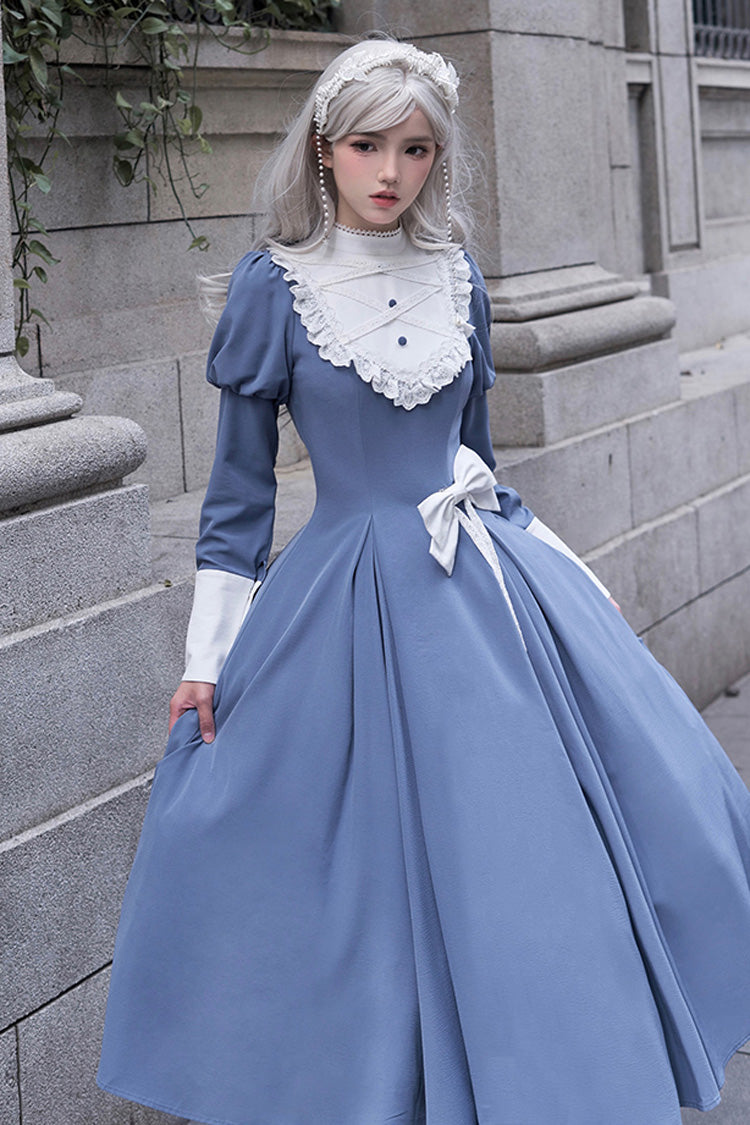 Blue Nun Style Stand Collar Long Sleeves Ruffle Bowknot Classic Elegant Lolita Dress