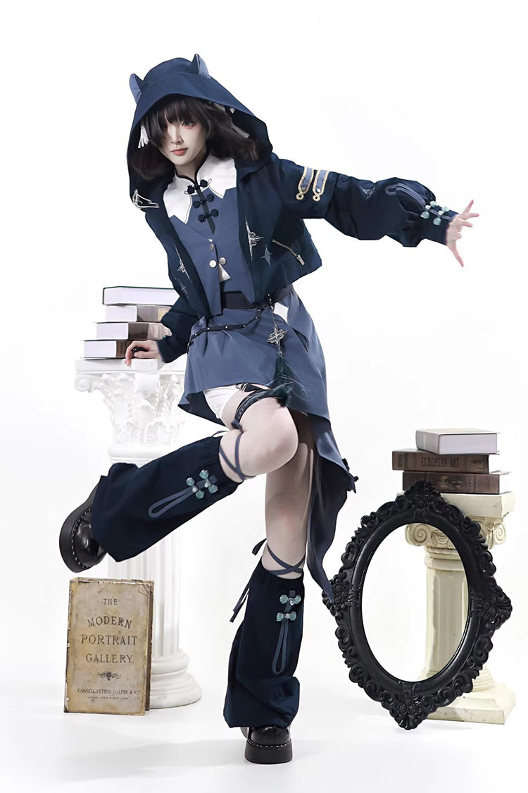 Blue [Indigo Shadow Journey] Stand Collar Long Sleeves Embroidered Hooded Asymmetric Punk Ouji Lolita Dress Four-Piece Set