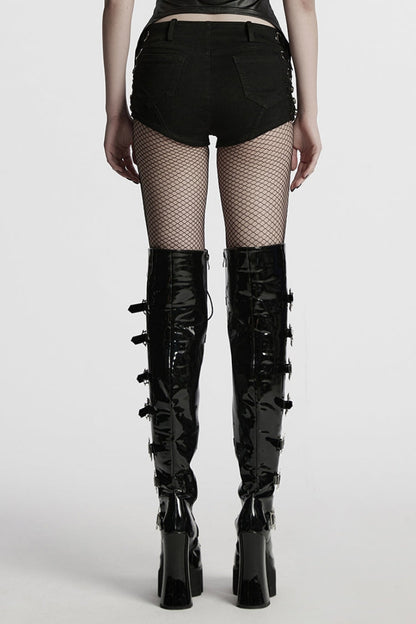 Black Studded Ripped Straps Women's Punk Shorts