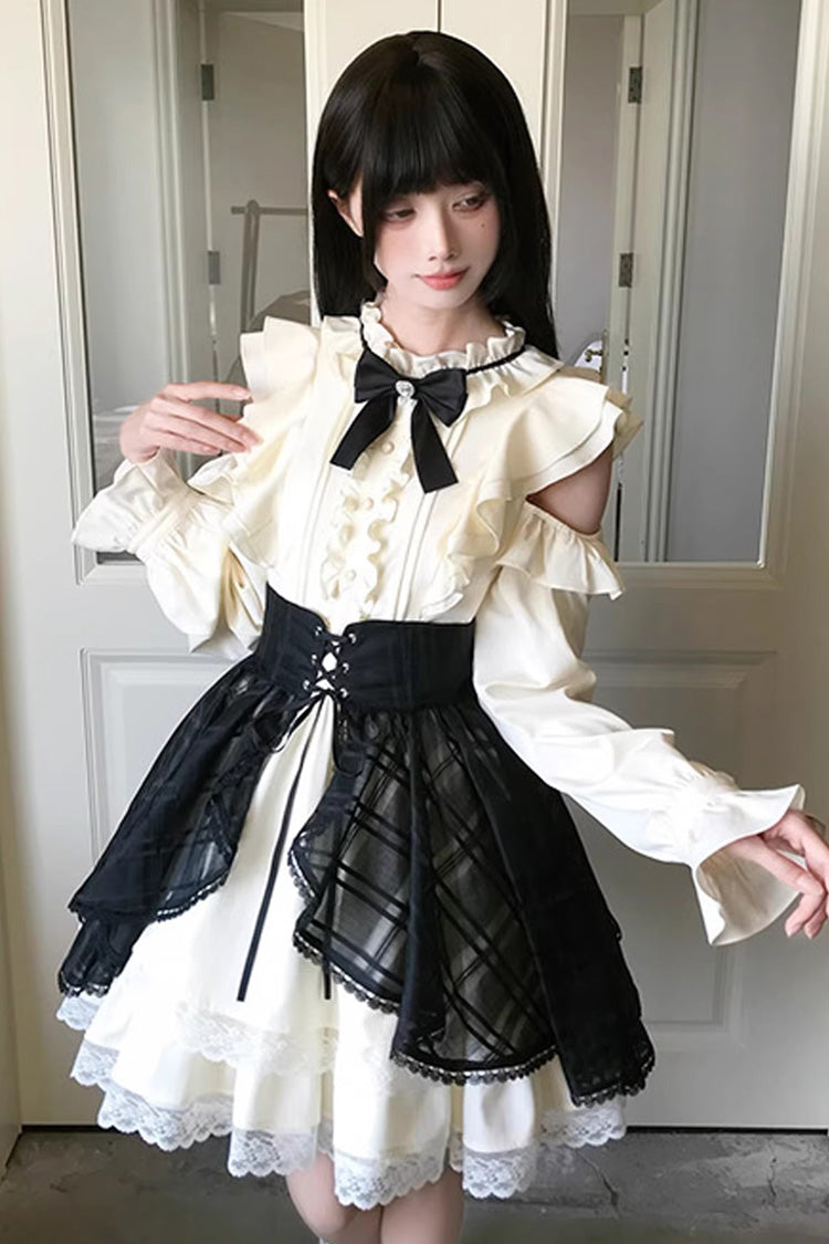 Black/Beige [Dark Chocolate Champagne] Stand Collar Off Shoulder Long Sleeves Double-Layered Ruffled Sweet Japanese Lolita Dress