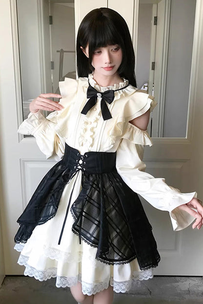 Black/Beige [Dark Chocolate Champagne] Stand Collar Off Shoulder Long Sleeves Double-Layered Ruffled Sweet Japanese Lolita Dress