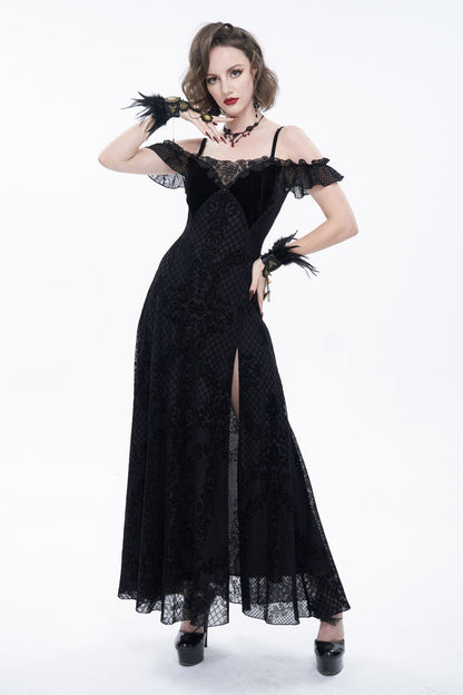 Black Velvet Lace Off Shoulder Ruffled Double Layer Slit Women's Gothic Dresses