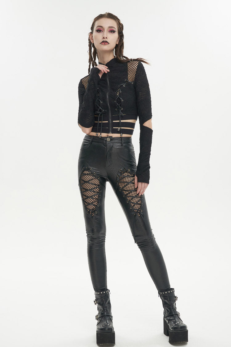 Black Ruched Strap Splice Mesh Long Sleeves Women's Gothic Shirt