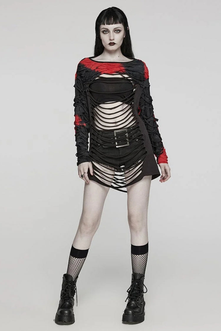 Red/Black Tie Dye Long Sleeves Hollow Womens Steampunk T-Shirt