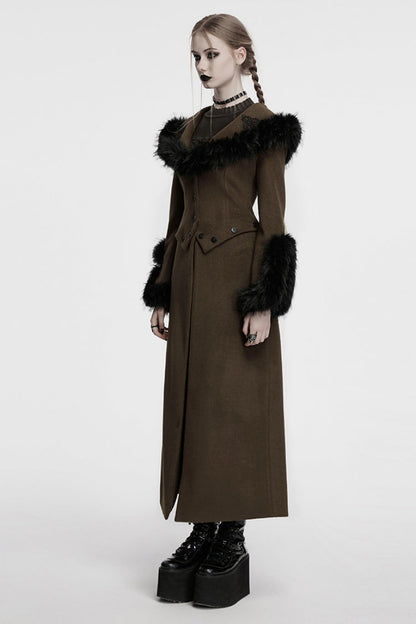Coffee Long Sleeves Faux Fur Stitching Lace-Up Detachable Women's Gothic Coat