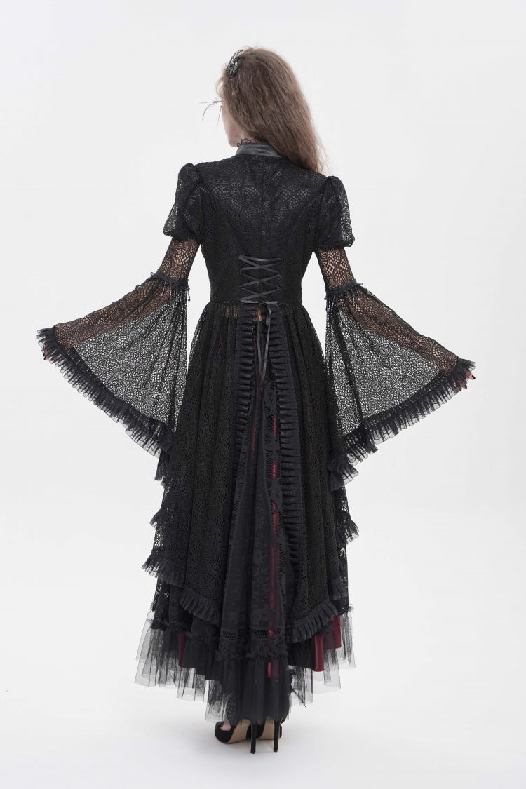 Black Stand Collar Long Trumpet Beaded Sleeves Cut-Out Bow Lace Women's Gothic Blouse