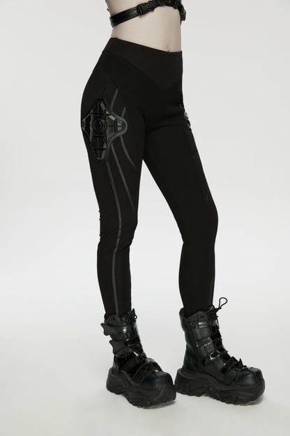 Black Slim Women's Punk Armor-Accentuated Paneled  Leggings
