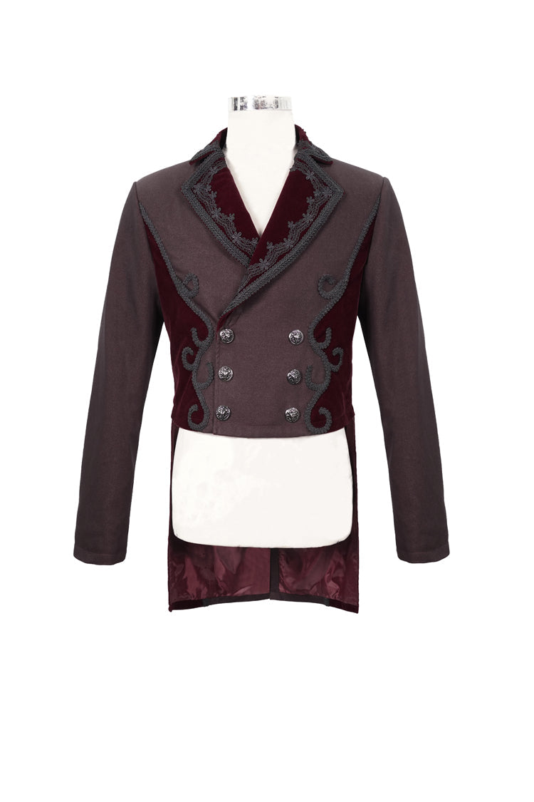 Red Front Floral Webbing Metal Retro Button Weft Velveteen Men's Gothic Tailcoat