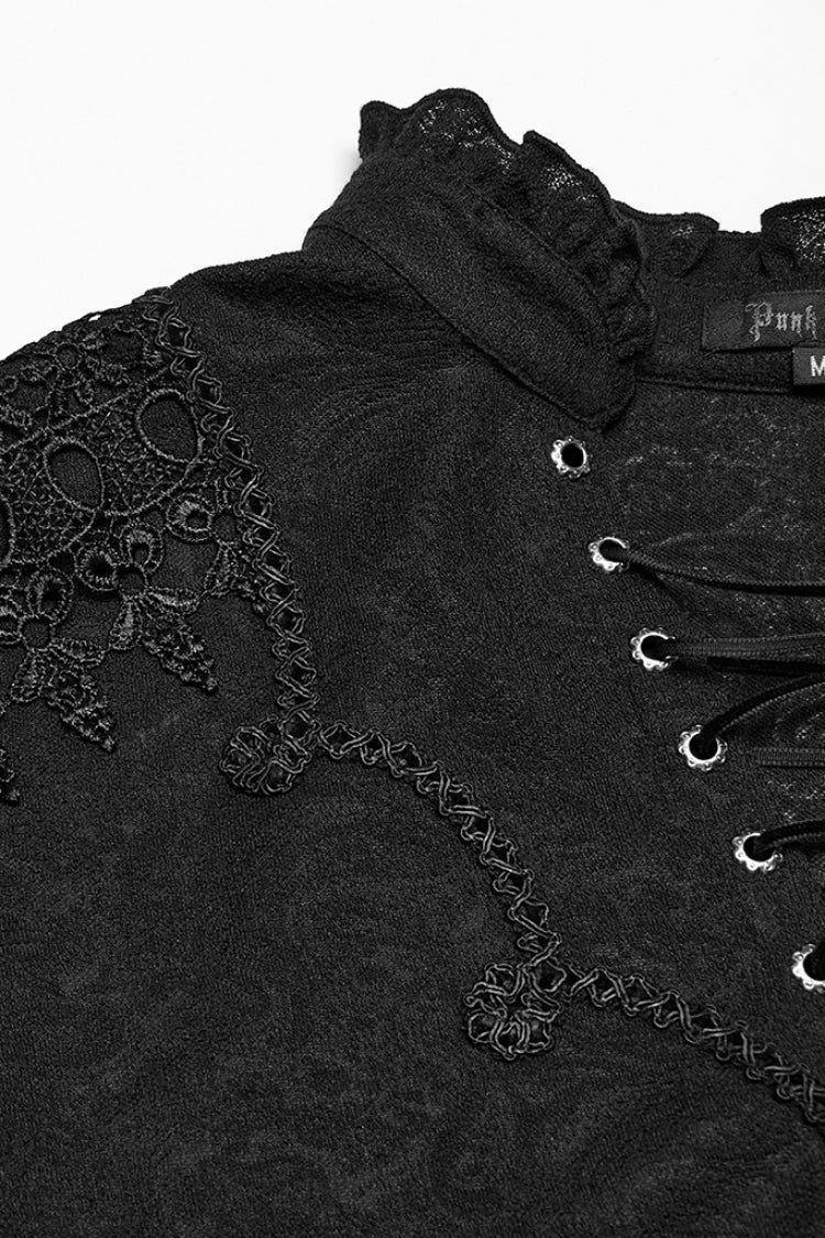 Black V Collar Long Sleeves Jacquard Embroidery Men's Gothic Blouse