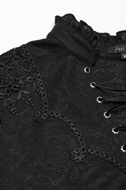Black V Collar Long Sleeves Jacquard Embroidery Men's Gothic Blouse