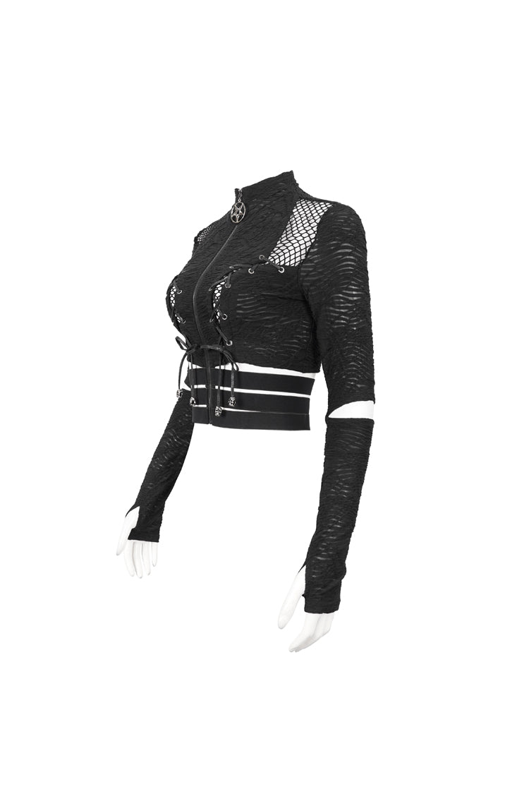 Black Ruched Strap Splice Mesh Long Sleeves Women's Gothic Shirt