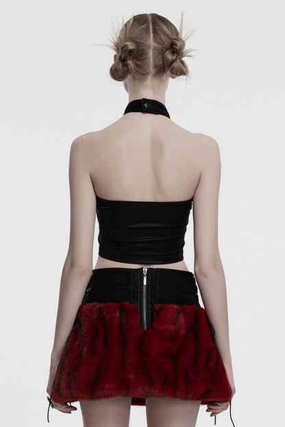 Black/Red Halterneck Sleeveless Cross Faux Fur Stitching Women's Punk Vest