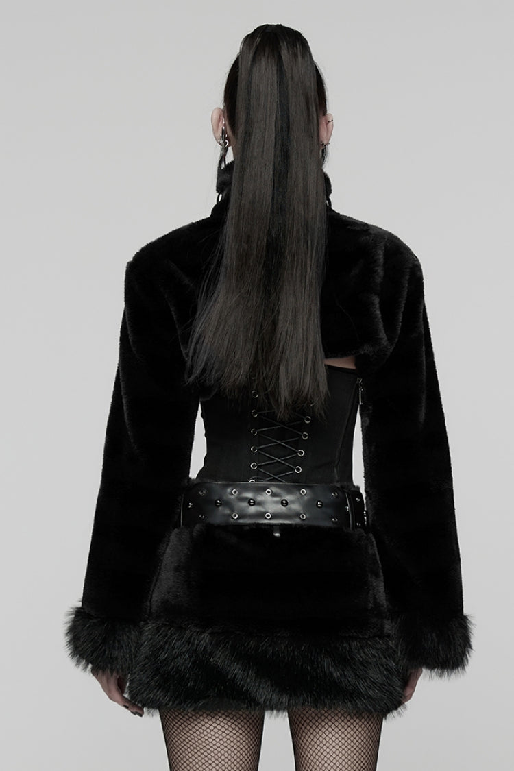 Black Stand Collar Long Sleeves Buckle Straps Faux Fur Women's Punk Short Cloak