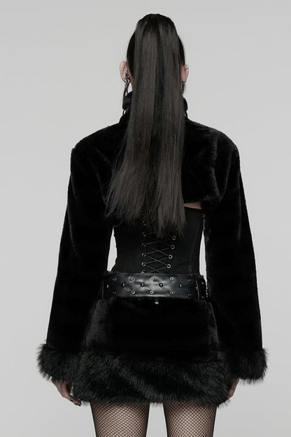 Black Stand Collar Long Sleeves Buckle Straps Faux Fur Women's Punk Short Cloak