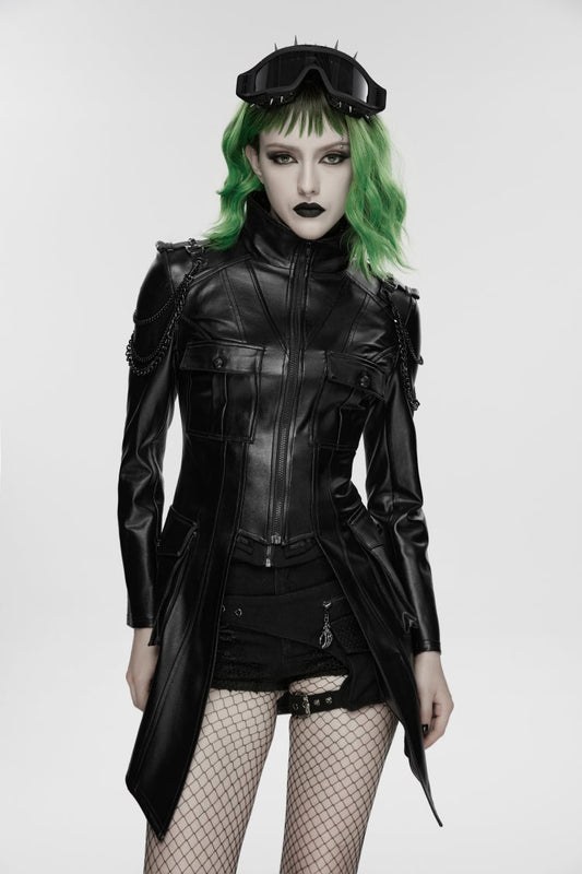 Black Lapel Collar Long Sleeves Lace-Up Slim Zippered Chain-Decorated Women's Punk Jacket