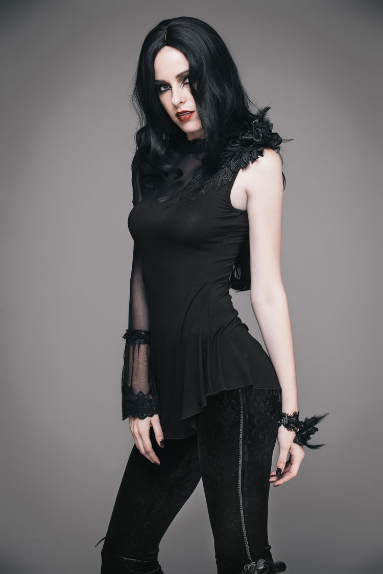 Black Shoulder Decals Feather Decoration Single Sleeve Splice Mesh Women's Gothic Knit