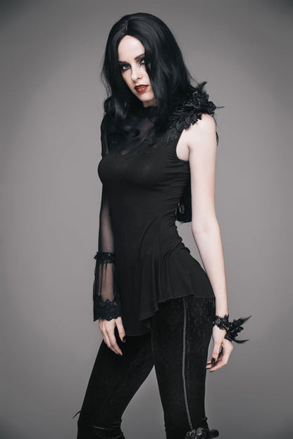 Black Shoulder Decals Feather Decoration Single Sleeve Splice Mesh Women's Gothic Knit