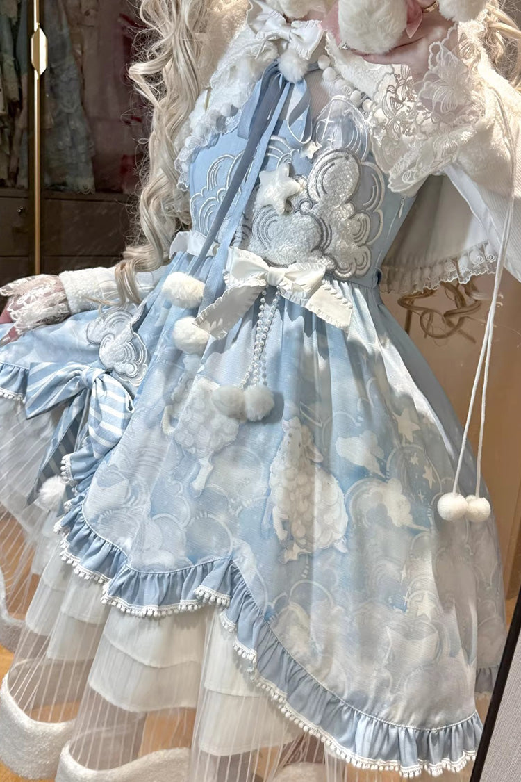 Blue [Cloud Dreamland] Cut-Out Embroidered Bow Lace Asymmetric Sweet Elegant Lolita Jsk Dress Set