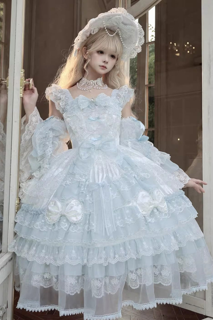 Blue [Prelude of Spring] Sleeveless Multi-Layered Ruffled Bow Lace Sweet Princess Lolita Jsk Dress