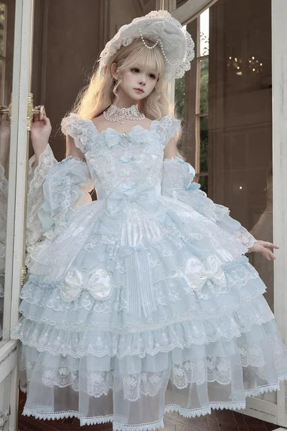 Blue [Prelude of Spring] Sleeveless Multi-Layered Ruffled Bow Lace Sweet Princess Lolita Jsk Dress