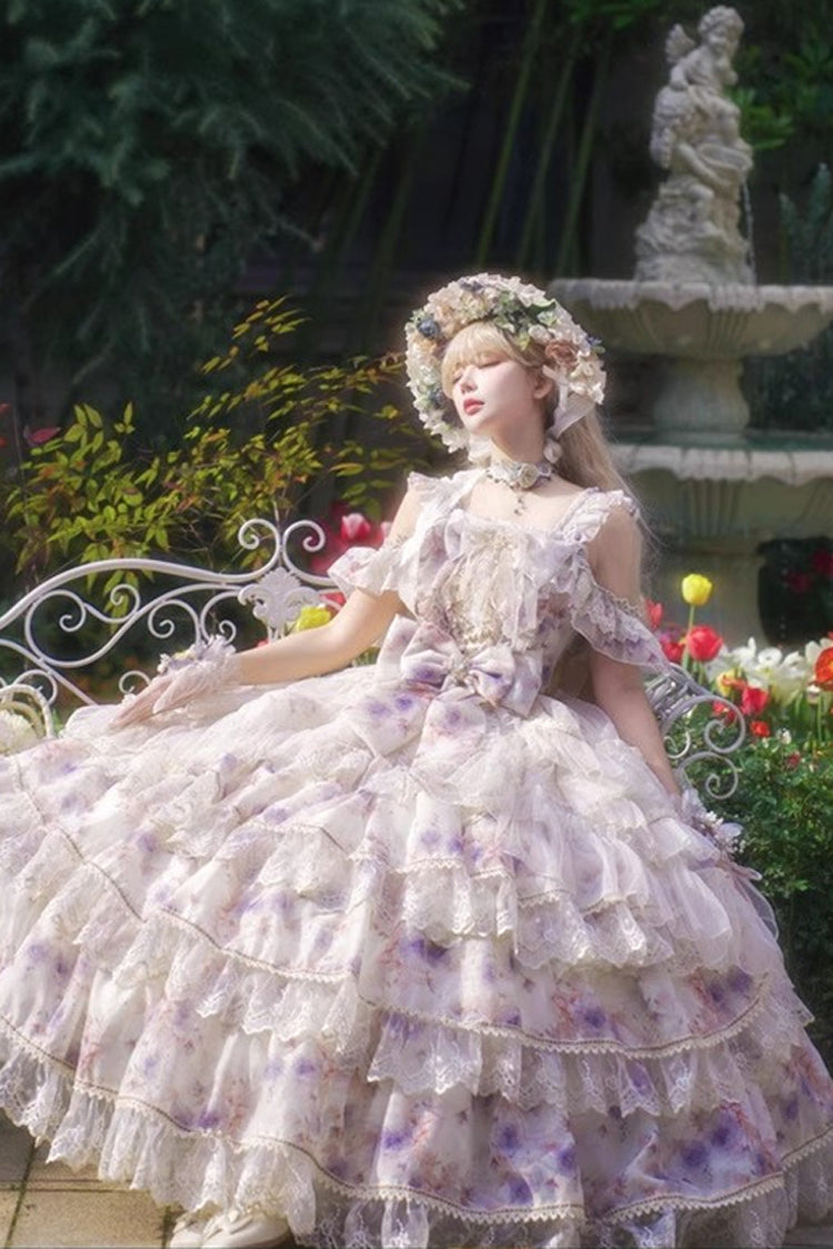 Blue [Rose Letter] Off Shoulder Triple-Layered Print Ruffle Hanayome Sweet Princess Lolita Dress