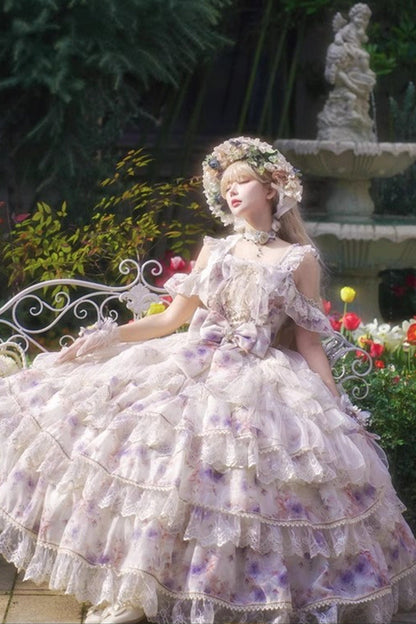 Blue [Rose Letter] Off Shoulder Triple-Layered Print Ruffle Hanayome Sweet Princess Lolita Dress